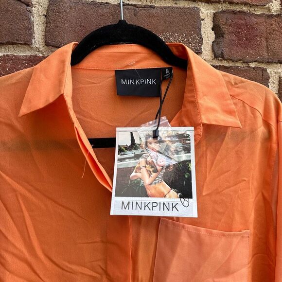 MINKPINK oversized orange button front shirt womens medium NWT - Picture 2 of 6